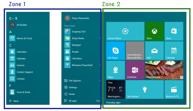 Windows 10 menu with zones