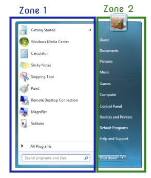 Windows 7 menu with zones